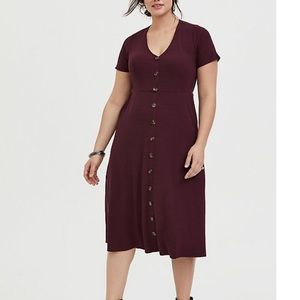Burgundy Purple Rib Button Midi Dress